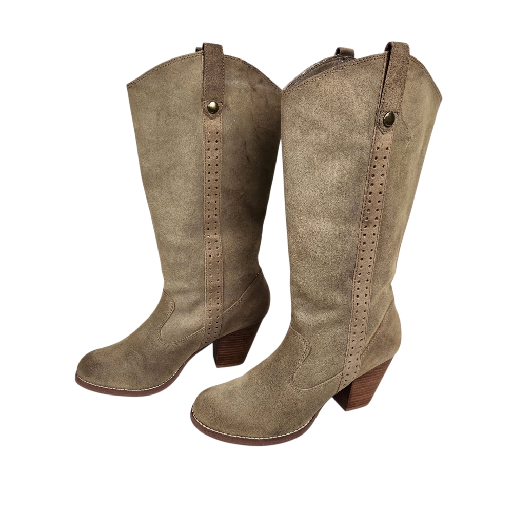 Gianni Bini Tan Suede Leather Western Cowgirl Heeled Boots Womens Size 8.5